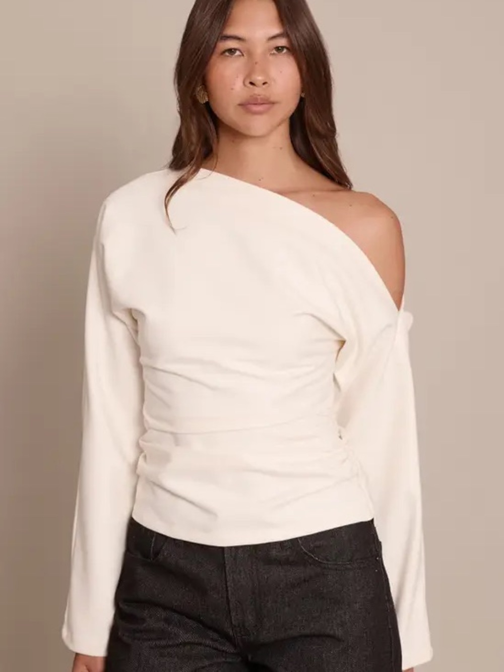 PLT One-Shoulder Cream Long Sleeve Top
